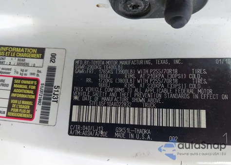 2010 Toyota Tundra Grade V6 z USA, uszkodzony, nr VIN 5TFLU5F10AX022832